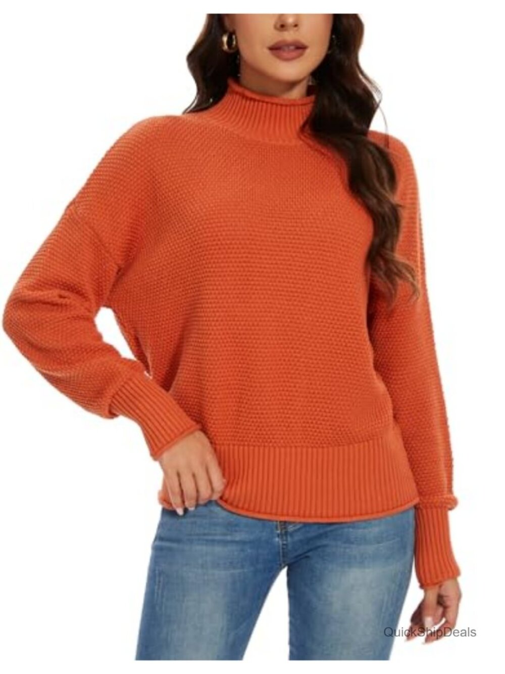 100% Cotton Turtleneck Oversized Sweater Batwing Sleeve Loose Knit Pullover